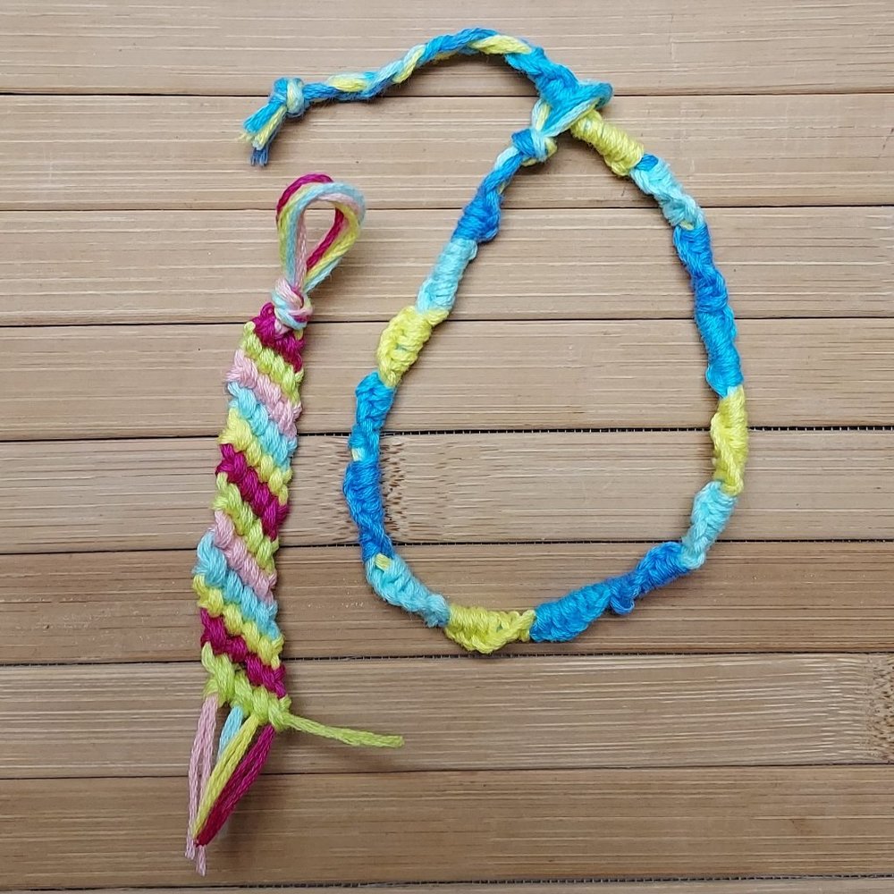 Girls Women's Handmade Embroidery Floss 10" Bracelet and Charm Keychain Set.